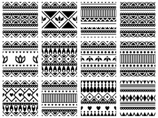 Set of seamless vector geometric black and white patterns with ornamental elements,endless background with ethnic motifs. Graphic vector illustration. Series- sets of vector seamless patterns. - 145703239