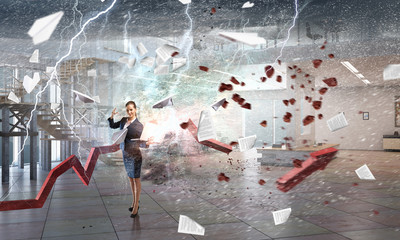 Woman with laptop in hands. Mixed media