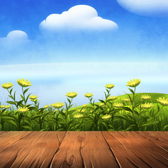 Background illustration with wooden floor and meadow with grass behind it
