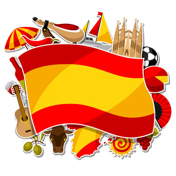 Spain background design. Spanish traditional sticker symbols and objects