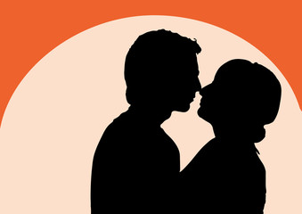 Silhouettes of young men and women on sunset background