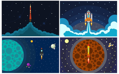 Set of four vector illustration with flying rocket. Space travel.
