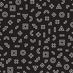 Scattered Geometric Shapes. Inspired by Memphis Style. Abstract Background Design. Vector Seamless Black and White Irregular Pattern.