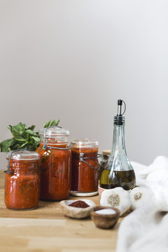 Homemade Tomato-Basil Sauce in Jars