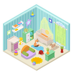 Baby Room Interior Design with Furniture and Toys. Isometric vector flat 3d illustration