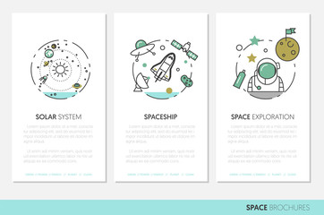 Space Research Business Brochure Template with Linear Thin Line Vector Icons