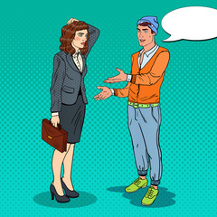 Man Explaining his New Idea to Businesswoman. Pop Art vector illustration