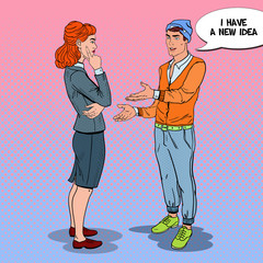 Young Man Talking with Business Woman in Office. Pop Art vector illustration