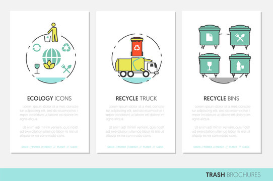 Garbage Waste Recycling Business Brochure Template with Linear Thin Line Vector Icons
