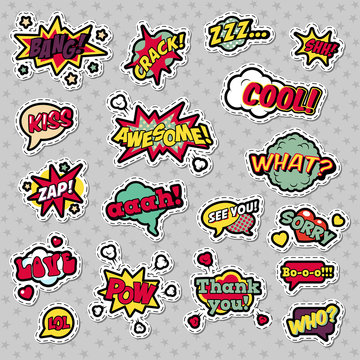 Pop Art Comic Speech Bubbles with Expressions Cool Bang Zap Lol. Vector Retro Background