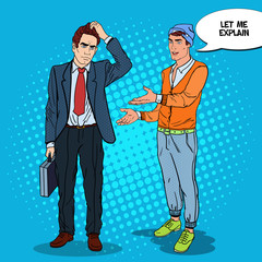 Stylish Teenager Explaining Something to Thoughtful Businessman. Pop Art vector illustration