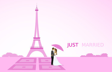 Fototapeta na wymiar Just married - wedding. Bridal couple in Paris with umbrella. Eiffel tower in the background. Pink shade.