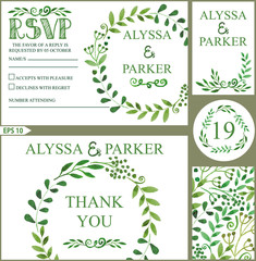 Wedding invitation set.Watercolor green branches decor