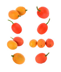 Baby Jackfruit, Spiny Bitter Gourd, Sweet Grourd or Cochinchin Gourd on white background