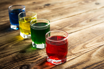 blue yellow green red alcohol shot drinks