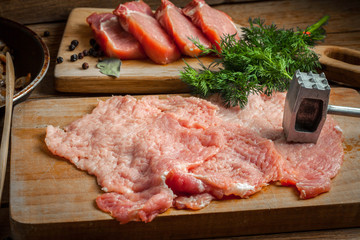 Slices of raw pork.