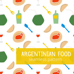 Argentinian typical food style seamless pattern with wine, glass of wine, empanadas, meat and mate in bright colors vector illustration