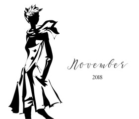 Black and white fashion calendar with woman model silhouette logo. Hand drawn vector illustration - 145710882