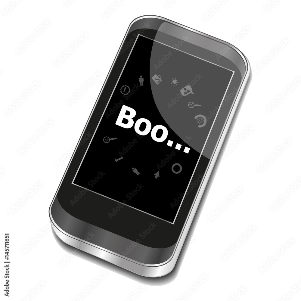 Aufkleber text boo. social concept . smartphone with web application icon on screen . isolated on white