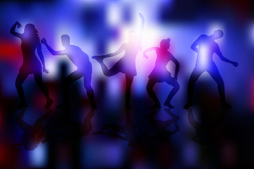 Fototapeta na wymiar silhouette of dancing people, disco background, party