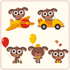 Set isolated puppy for holiday design. Puppy in airplane, car, with balloons and gifts. Collection funny puppy in cartoon style for children holiday and birthday.