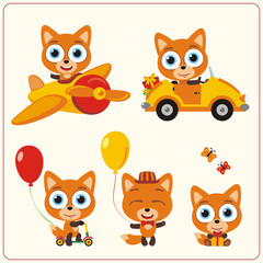 Set isolated fox for holiday design. Fox in airplane, car, with balloons and gifts. Collection funny fox in cartoon style for children holiday and birthday.