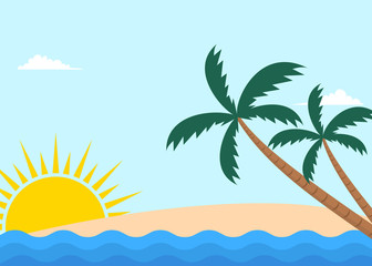 Fototapeta na wymiar Tropical beach landscape with palm trees and sun at the horizon