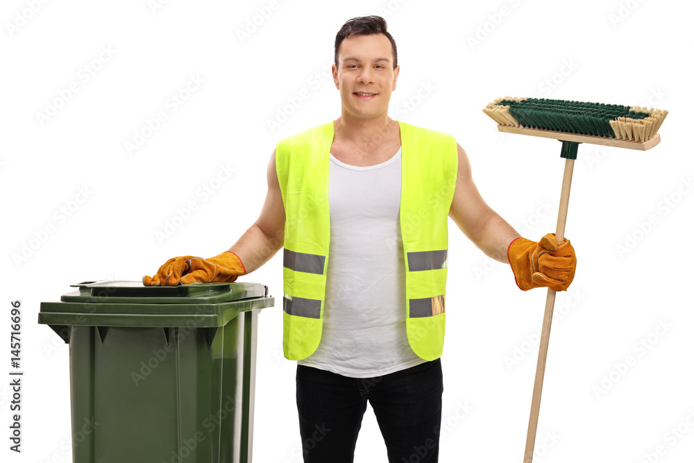 Canvas Prints Waste collector with a garbage bin and a broom