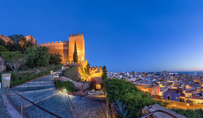 Panoramic view on city skyline and walls of Alcazaba fortress in Almeria, Andalusia, Spain - obrazy, fototapety, plakaty