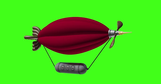 A vintage and steam punk red zepelin flying over a chroma key. Animation, 3d render
