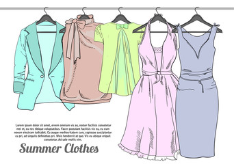 illustration of drawing Summer woman clothes on hangers. Natural, trendy color. Coordination for girl. Isolated doodle objects. Template brochure