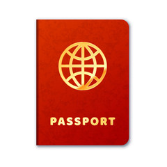 Realistic foreign passport icon with red cover and golden letters