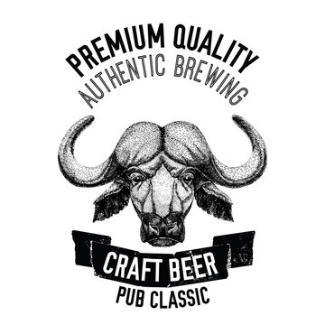Beer emblem with ox, buffalo, bull Badge for label, logo design for beer pub, oktoberfest beer label or logotype