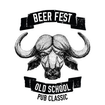 Beer emblem with ox, buffalo, bull Badge for label, logo design for beer pub, oktoberfest beer label or logotype