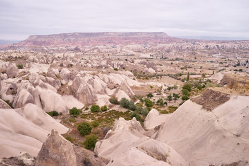 Travel and tourism in Turkey. Famous sightseeing Cappadocia, Anatolia. Beautiful landscape with mountains, caves and cloudy sky.
