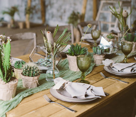 Rustic serving with wood and plant decor