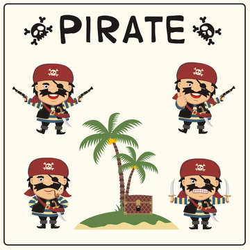 Set isolated pirate in cartoon style. Collection of pirate in different poses with pistols, swords, chest, island with palm trees.