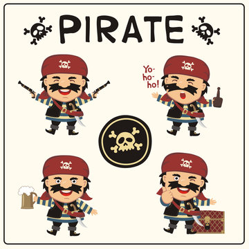 Set isolated pirate in cartoon style. Collection funny pirate in different poses with pistols, sword, beer mug, rum, and chest with treasures.