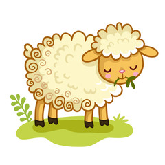 Lamb stands in the clearing and chews the grass.