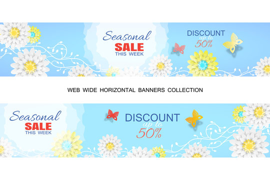 Vector set of Seasonal Sale banners on the gradient blue background with curly branches of flowers, butterflies, text, flowers.