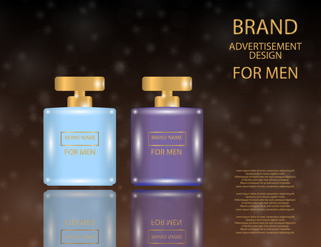 Glamorous Perfume for men Contained in a Square Glass Bottle on the sparkling effects background.