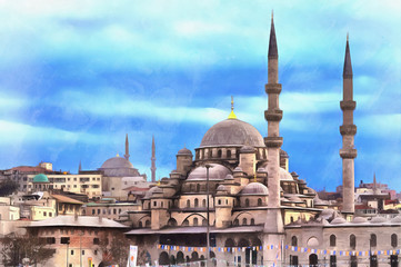 Fototapeta premium Colorful painting of New Mosque or Yeni Cami