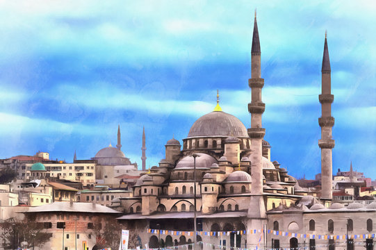Colorful painting of New Mosque or Yeni Cami