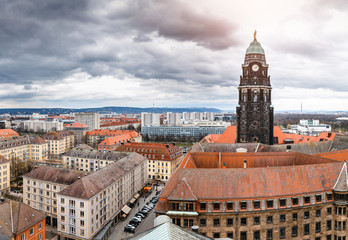 Naklejka premium Dresden Town City Hall tower, panoramic aerial view