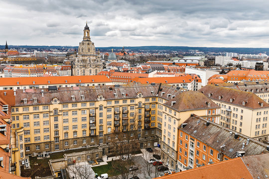 Aerial view over roofs to Frauenkirche in Dresden