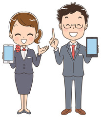 スマホを持った男女スタッフのイラスト