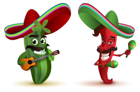 Red hot chili peppers and cactus in Mexican hat sombrero dancing maracas
