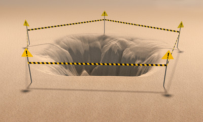 hole in sand With warning tape 3d rendering