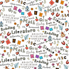 Seamless pattern with set of different school things.Doodle seamless background with school icons.