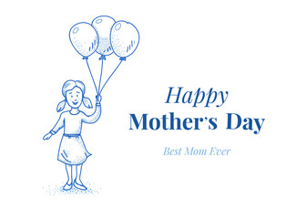 Happy mothers day. Daughter with balloons. Small girl. Hand drawn illustration. Blue line design. Card template.